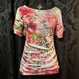 Vintage Red and Pink Floral Women's Top